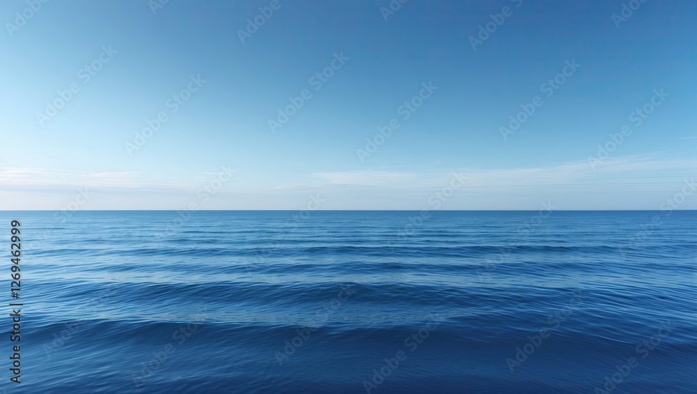 Obraz premium A serene ocean view featuring calm blue waters and a clear sky reflecting soft light. The horizon creates a tranquil atmosphere
