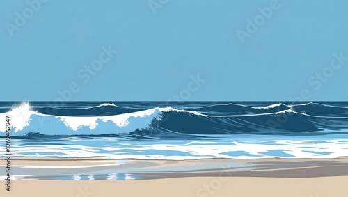 Serene beach scene with gentle waves crashing on the sandy shore under a clear sky photo