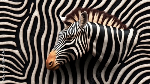 Close-up of a zebra head against an abstract seamless zebra skin pattern background