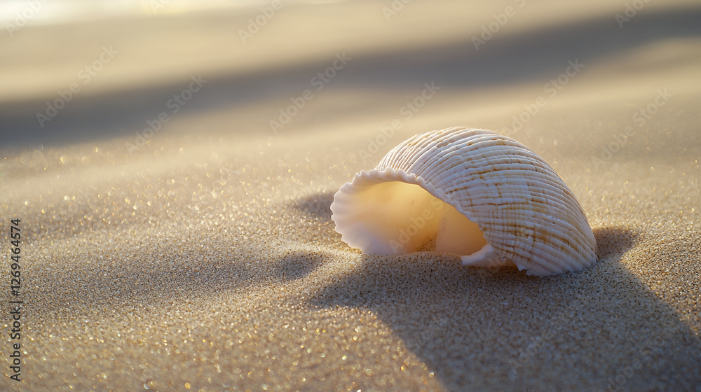 Seashell on a glittering sandy beach in the warm sunlight, inviting thoughts of ocean tranquility. Seashell on a glittering sandy beach in the warm sunlight, inviting thoughts of ocean tranquility.