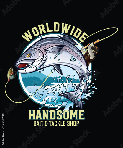 Fishing t-shirt design worldwide handsome bait and tackle shop