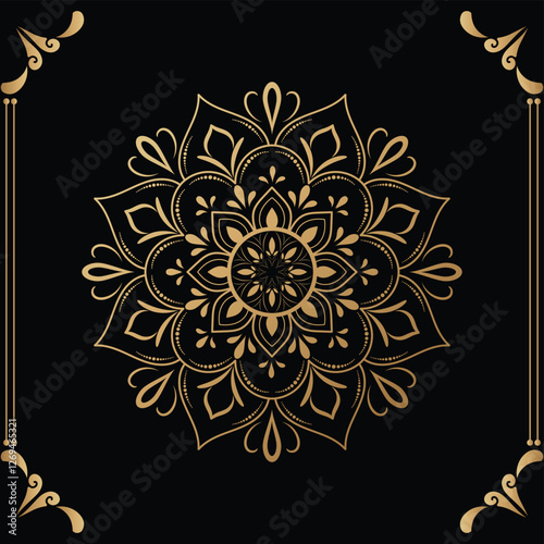 Luxury mandala design black background in gold color