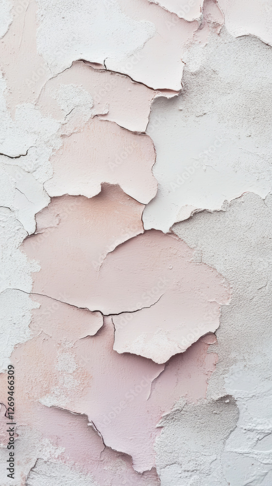 Obraz premium Abstract texture of peeling pastel paint layers on a damaged wall surface in soft pink and white shades