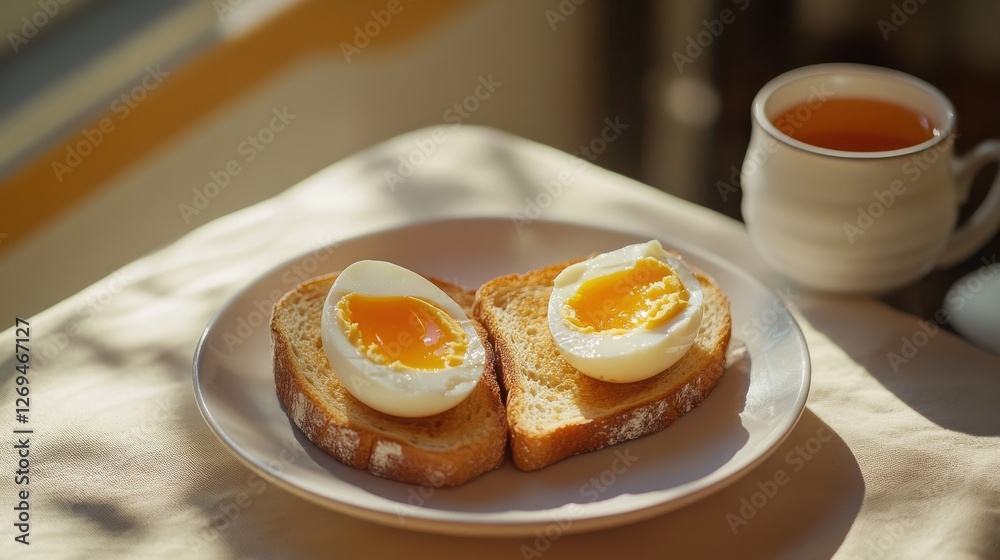A breakfast plate featuring two soft-boiled eggs with a delicate yolk, placed alongside freshly made toast and a cup of tea. The scene captures the simplicity and warmth of a morning meal. A breakfast plate featuring two soft-boiled eggs with a delicate yolk, placed alongside freshly made toast and a cup of tea. The scene captures the simplicity and warmth of a morning meal.