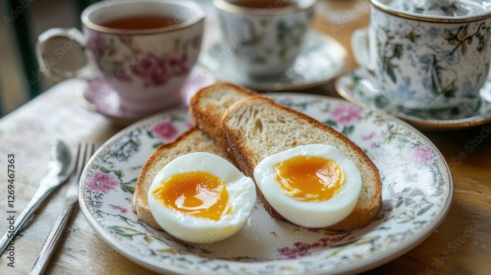 A breakfast plate featuring two soft-boiled eggs with a delicate yolk, placed alongside freshly made toast and a cup of tea. The scene captures the simplicity and warmth of a morning meal. A breakfast plate featuring two soft-boiled eggs with a delicate yolk, placed alongside freshly made toast and a cup of tea. The scene captures the simplicity and warmth of a morning meal.