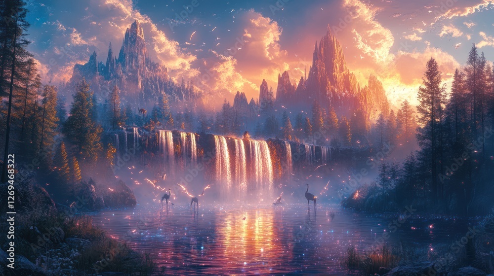 Fantasy landscape with floating rainbow waterfalls and magical creatures Fantasy landscape with floating rainbow waterfalls and magical creatures