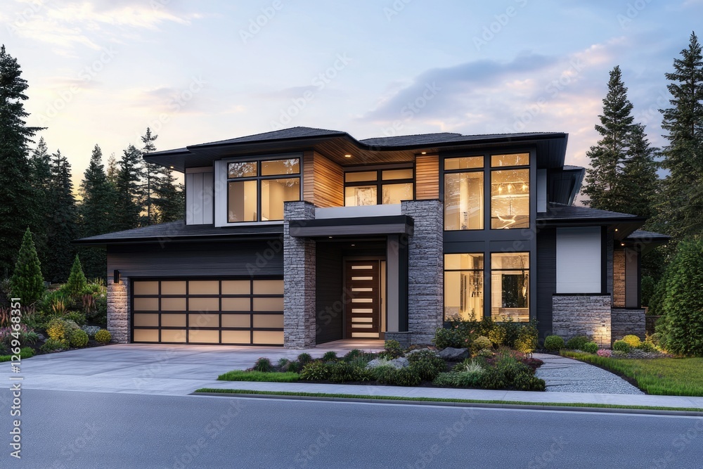 Fototapeta premium Modern Two Story House With Stone Accents And Large Windows