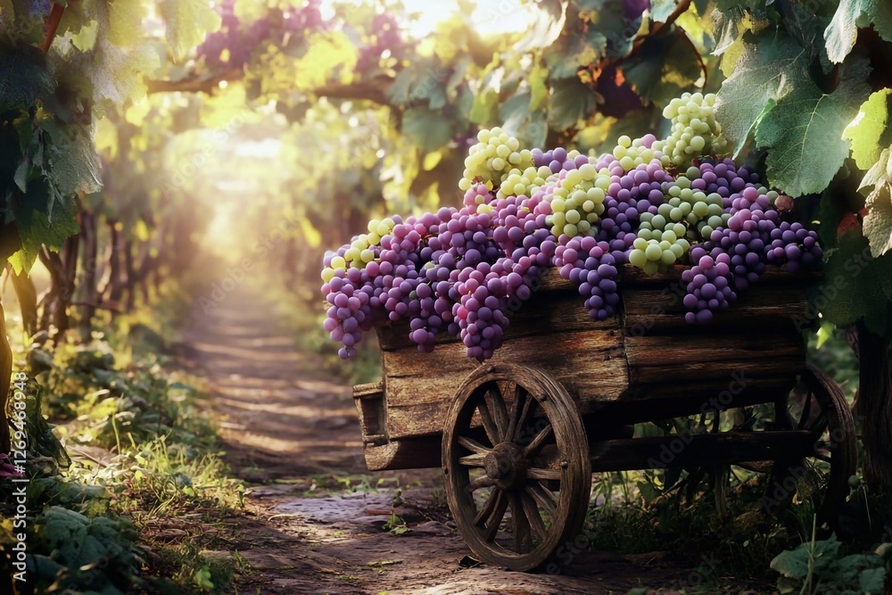 rustic wooden cart overflowing with fresh purple grapes rustic wooden cart overflowing with fresh purple grapes