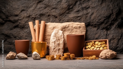 Collection of rocks and treasure chests in a dark dungeon cave with pots and gold coins photo