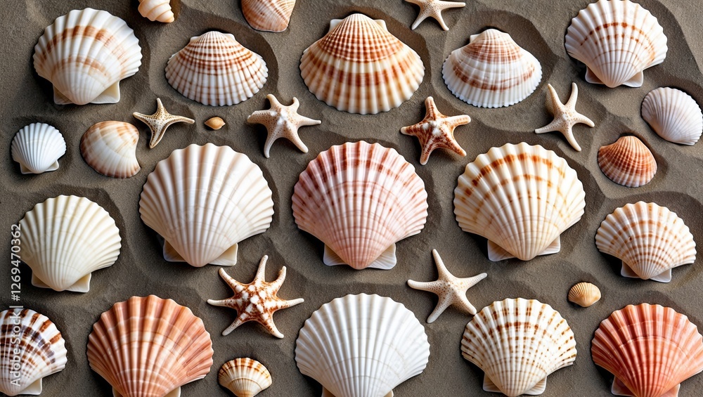 A collection of varied seashells and starfish arranged artistically on a sandy background, showcasing unique textures and colors A collection of varied seashells and starfish arranged artistically on a sandy background, showcasing unique textures and colors