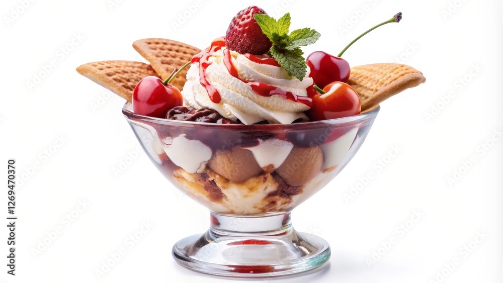 Ice Cream Sundae with Berries and Biscuits, White Background