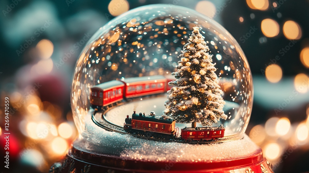 Small red train encircling a christmas tree in a snow globe with twinkling christmas lights in the distance Small red train encircling a christmas tree in a snow globe with twinkling christmas lights in the distance
