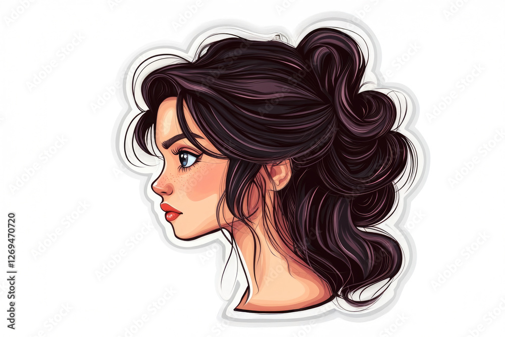 The illustration highlights a young woman with beautifully styled dark hair, emphasizing her sophisticated and confident demeanor in a modern artistic portrayal. The illustration highlights a young woman with beautifully styled dark hair, emphasizing her sophisticated and confident demeanor in a modern artistic portrayal.