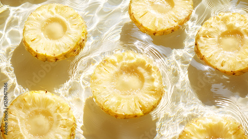 Sliced pineapples floating in clear water, creating a refreshing and summery feel with natural light.