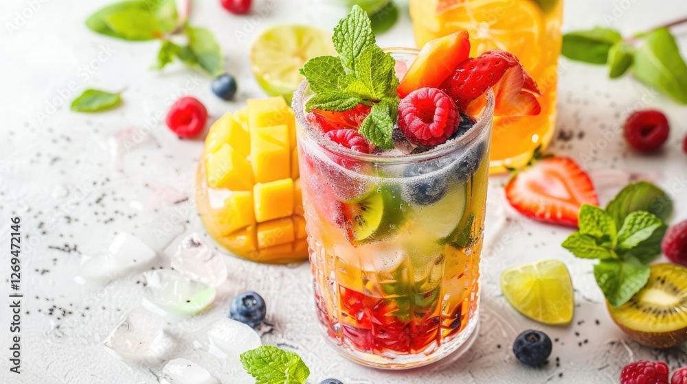 Refreshing cocktail made from blended fruits with mint garnish served in a clear glass with colorful fruit slices on a white surface