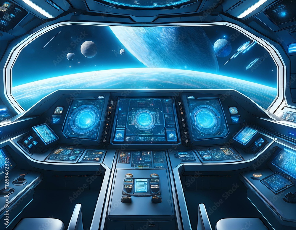 Generated image Futuristic spaceship cockpit featuring a blue galaxy display and control panel with glowing Generated image Futuristic spaceship cockpit featuring a blue galaxy display and control panel with glowing