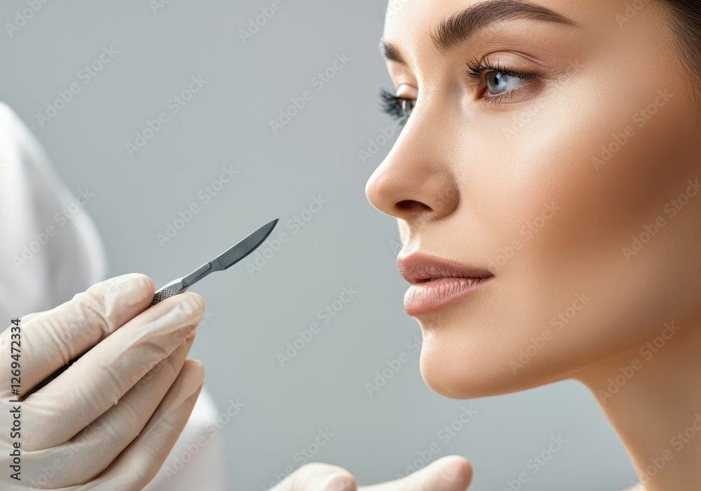 Skilled surgeon wearing sterile gloves, gripping surgical scalpel near patient's face during cosmetic procedure with professional focus and medical expertise Skilled surgeon wearing sterile gloves, gripping surgical scalpel near patient's face during cosmetic procedure with professional focus and medical expertise