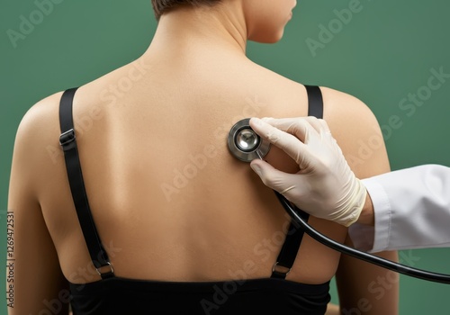 Medical professional checking female patient's lungs with stethoscope, wearing protective white coat and latex gloves against green clinical setting