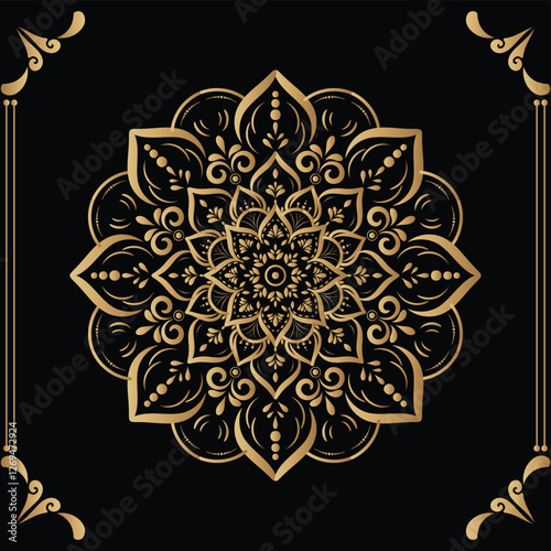 Luxury mandala design black background in gold color