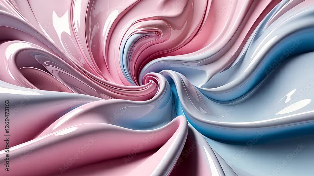 Glossy pink, white, and blue silk fabric with flowing swirls and a smooth iridescent texture