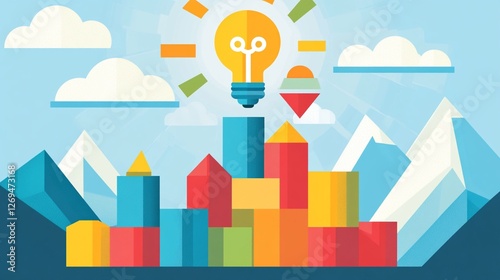 Bright Idea Business Growth Colorful Blocks Mountains sky art style image design vector modern      