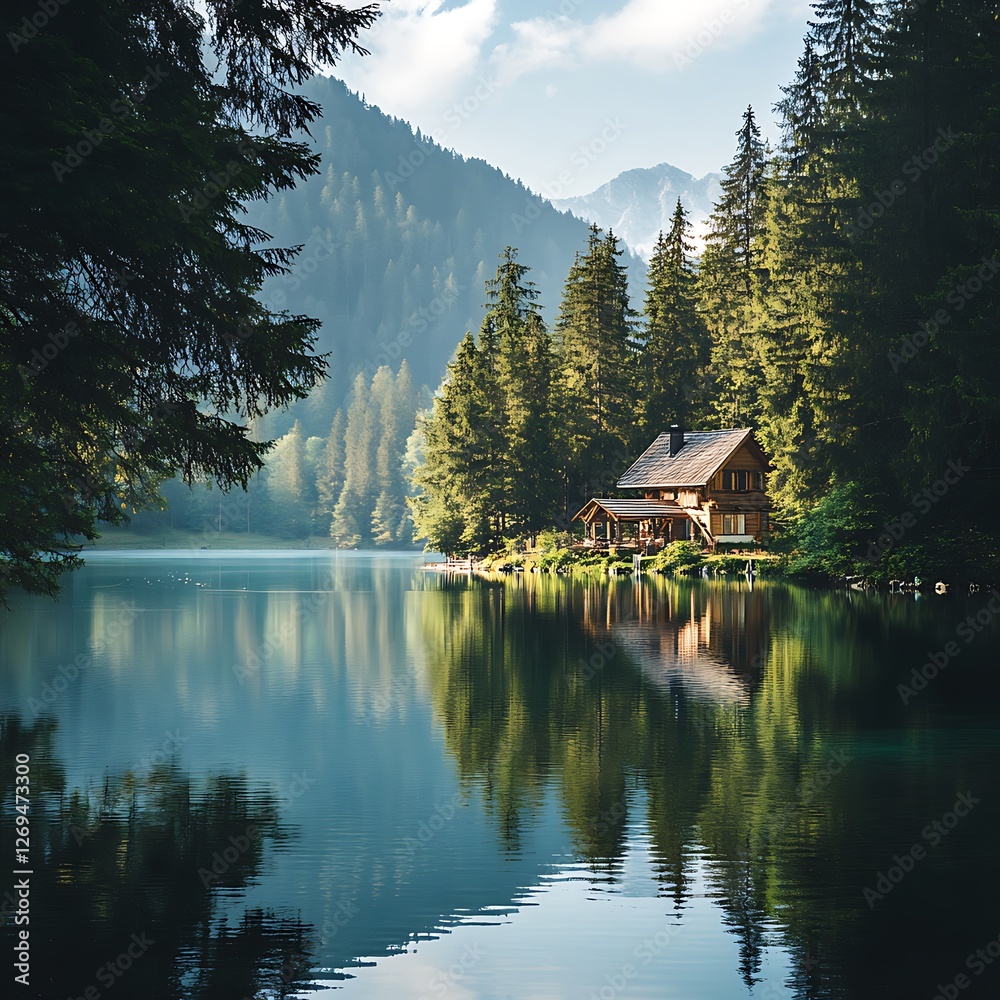Fototapeta premium A Serene Wooden Cabin Reflecting in Mountain Lake.