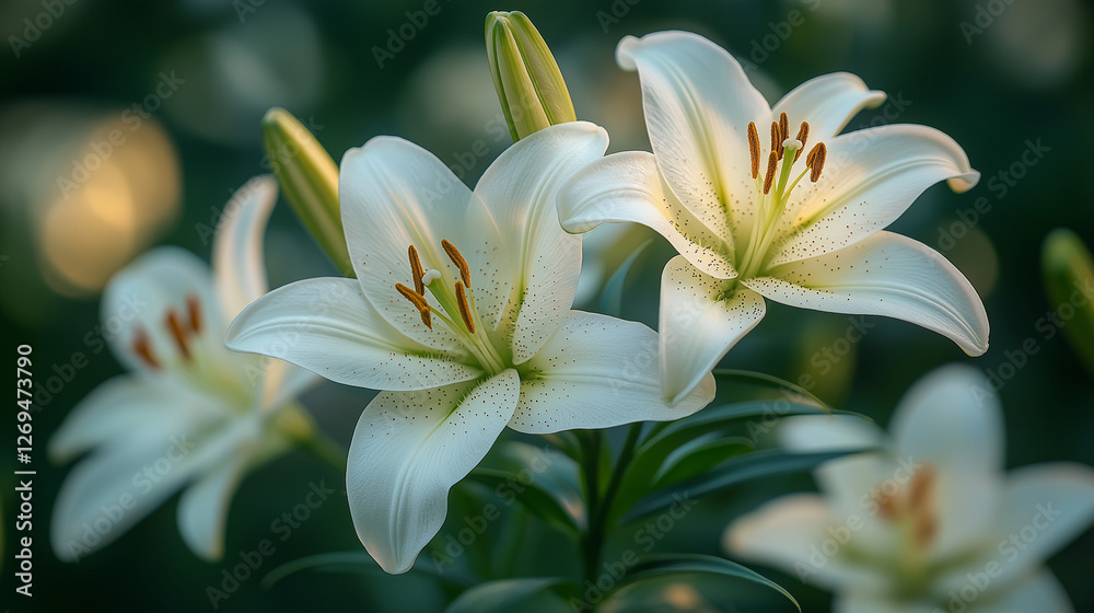 Fototapeta premium Bright white lilies open their delicate petals to the sun, their vibrant stamens contrasting against lush green foliage. The tranquil atmosphere invites a sense of peace and beauty