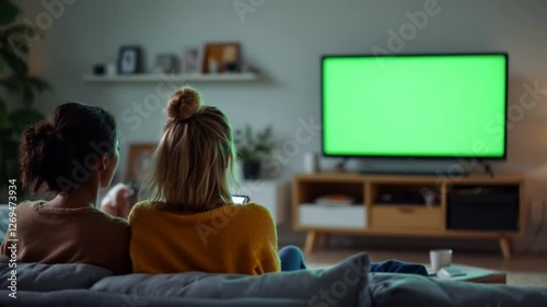 Family Watching TV in Living Room with Furniture and Interior Design