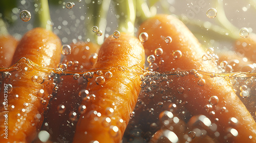 Vibrant orange carrots are submerged in water, creating a visually refreshing and healthy image.