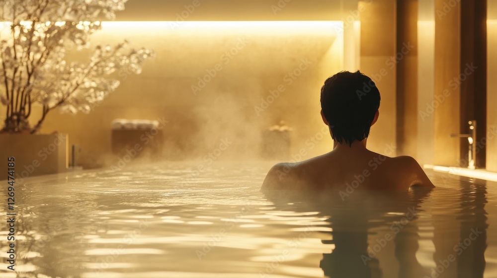 A person enjoying a relaxing bath with hot water in a spa-like bathroom, steam gently rising from the water surface. The room has soft lighting and high-end fixtures, offering a soothing atmosphere. A person enjoying a relaxing bath with hot water in a spa-like bathroom, steam gently rising from the water surface. The room has soft lighting and high-end fixtures, offering a soothing atmosphere.