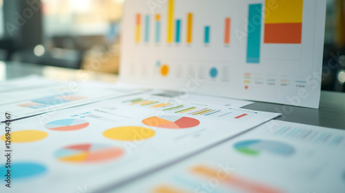 Close-up shot of colorful charts and graphs on documents, illustrating business analytics and financial data, ideal for corporate presentations and reports.