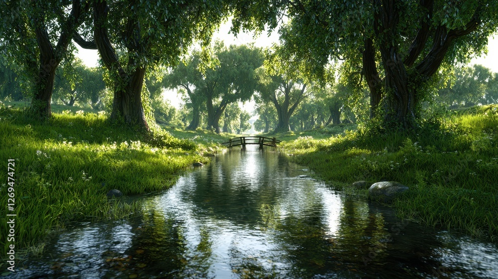 Tranquil Forest Landscape with Lush Green Trees and Gentle Stream Flowing Under a Wooden Bridge Tranquil Forest Landscape with Lush Green Trees and Gentle Stream Flowing Under a Wooden Bridge