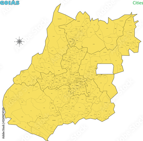 Map of the territory of the state of Goiás with divisions by highlighted cities, vector with simple lines of political divisions