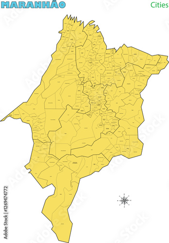 Map of the territory of the state of Maranhão with divisions by highlighted cities, vector with simple lines of political divisions