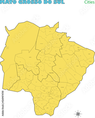 Map of the territory of the state of Mato Grosso do Sul with divisions by highlighted cities, vector with simple lines of political divisions