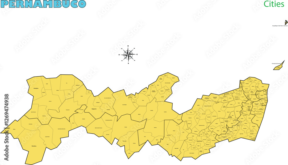 Obraz premium Map of the territory of the state of Pernambucowith divisions by highlighted cities, vector with simple lines of political divisions
