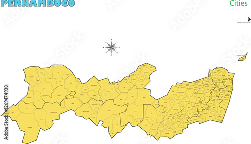 Map of the territory of the state of Pernambucowith divisions by highlighted cities, vector with simple lines of political divisions