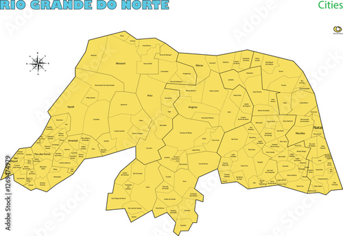 Map of the territory of the state of Rio Grande do Sul with divisions by highlighted cities, vector with simple lines of political divisions