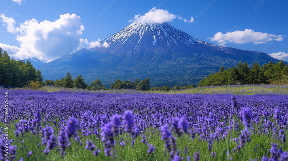Lavender blooms fill the foreground with rich purple hues, while majestic Mount Fuji towers in the background, its snow-capped peak glistening under a clear blue sky Lavender blooms fill the foreground with rich purple hues, while majestic Mount Fuji towers in the background, its snow-capped peak glistening under a clear blue sky