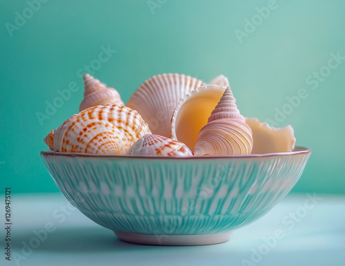 An image of seashells arranged in a bowl set against a turquoise background. photo