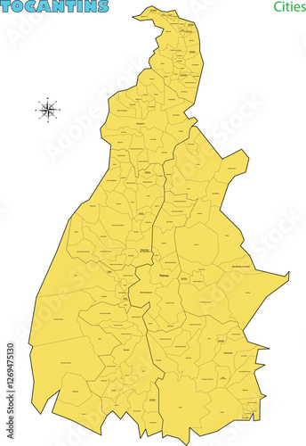 Map of the territory of the state of Tocantins with divisions by highlighted cities, vector with simple lines of political divisions