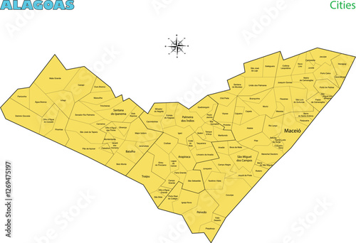 Map of the territory of the state of Alagoas with divisions by highlighted cities, vector with simple lines of political divisions photo