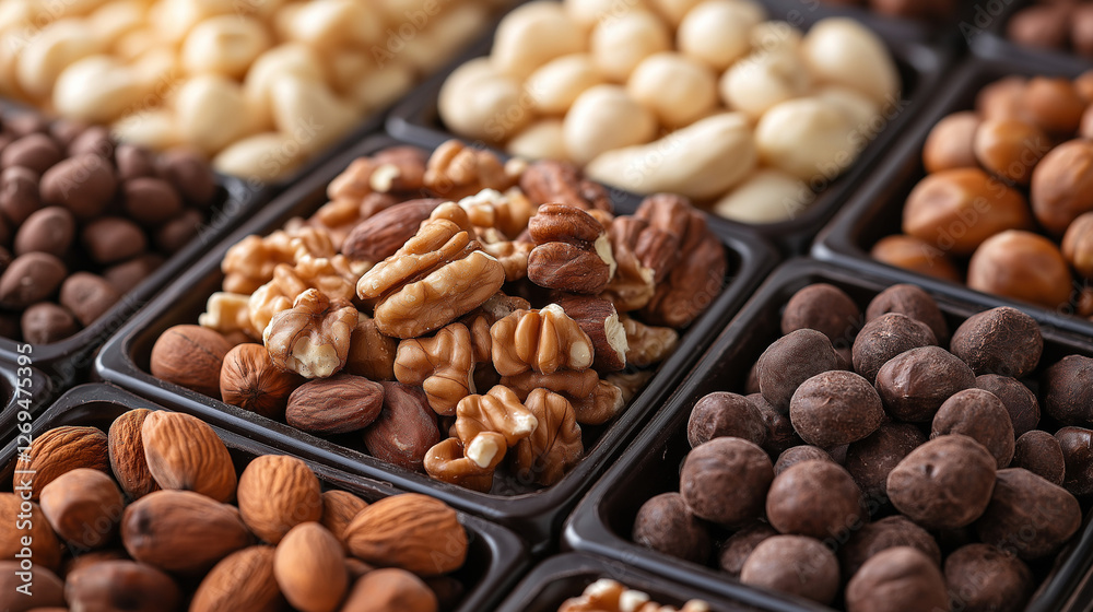 An inviting display features a vibrant mix of nuts and chocolate treats in individual containers An inviting display features a vibrant mix of nuts and chocolate treats in individual containers