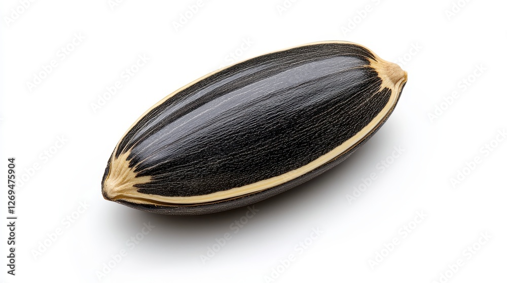 Close up view of a single dark colored seed against a white background. The seed is oblong with a speckled shell and a visible lighter colored inner Close up view of a single dark colored seed against a white background. The seed is oblong with a speckled shell and a visible lighter colored inner