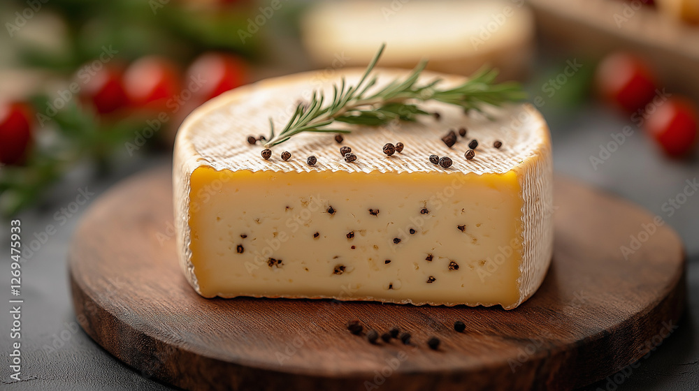 A round cheese wheel sits beautifully on a wooden board, topped with aromatic herbs and peppercorns, evoking a sense of gourmet delight in a warm kitchen atmosphere A round cheese wheel sits beautifully on a wooden board, topped with aromatic herbs and peppercorns, evoking a sense of gourmet delight in a warm kitchen atmosphere