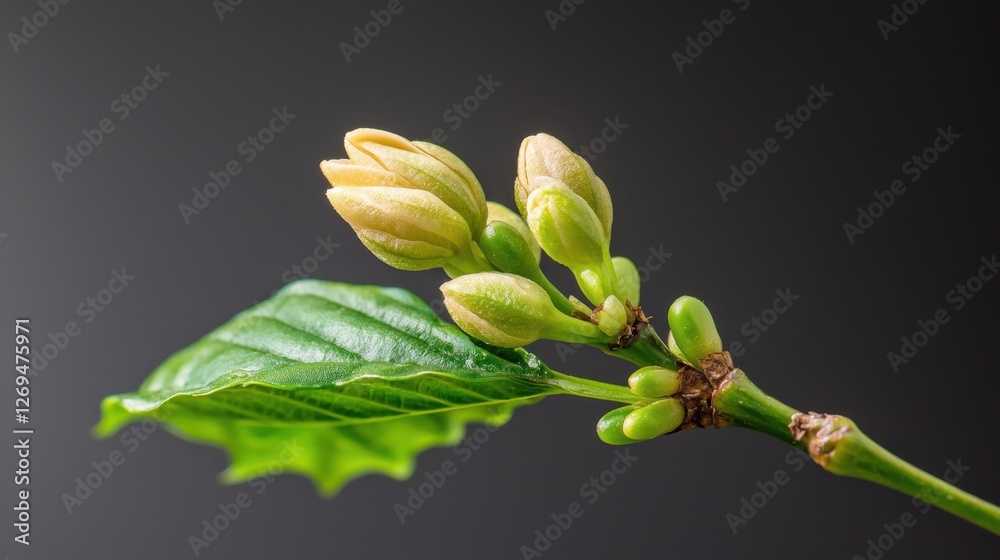 Coffee Agriculture Concept, Coffee Blossoms Transitioning into Tiny Cherries Captured in Detail with Soft Background Coffee Agriculture Concept, Coffee Blossoms Transitioning into Tiny Cherries Captured in Detail with Soft Background