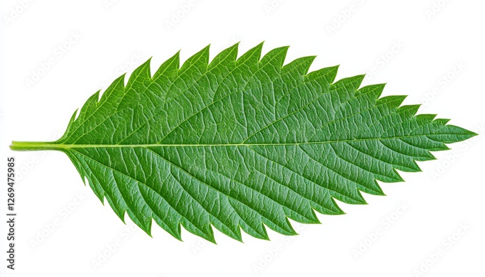 Obraz premium Close up view of a single, vibrant green leaf isolated on a white background. The leaf has a serrated edge and a prominent central vein