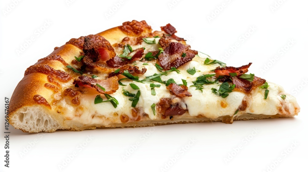 A single slice of pizza with bacon, mozzarella cheese, and herbs on a white background. The pizza has a golden brown crust and is slightly tilted A single slice of pizza with bacon, mozzarella cheese, and herbs on a white background. The pizza has a golden brown crust and is slightly tilted