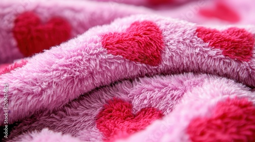 Soft Pink Blanket with Red Hearts, Cozy Fabric for Romantic and Comfort Themes