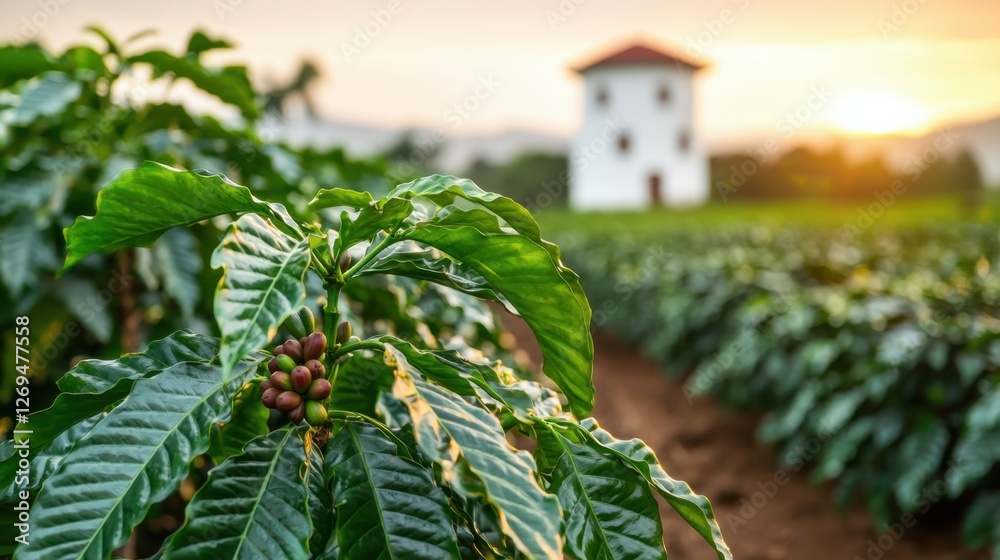 Obraz premium Coffee Agriculture Concept, Rows of Coffee Plants Illuminated by Soft Glow of Sunset in a Lush Agricultural Landscape